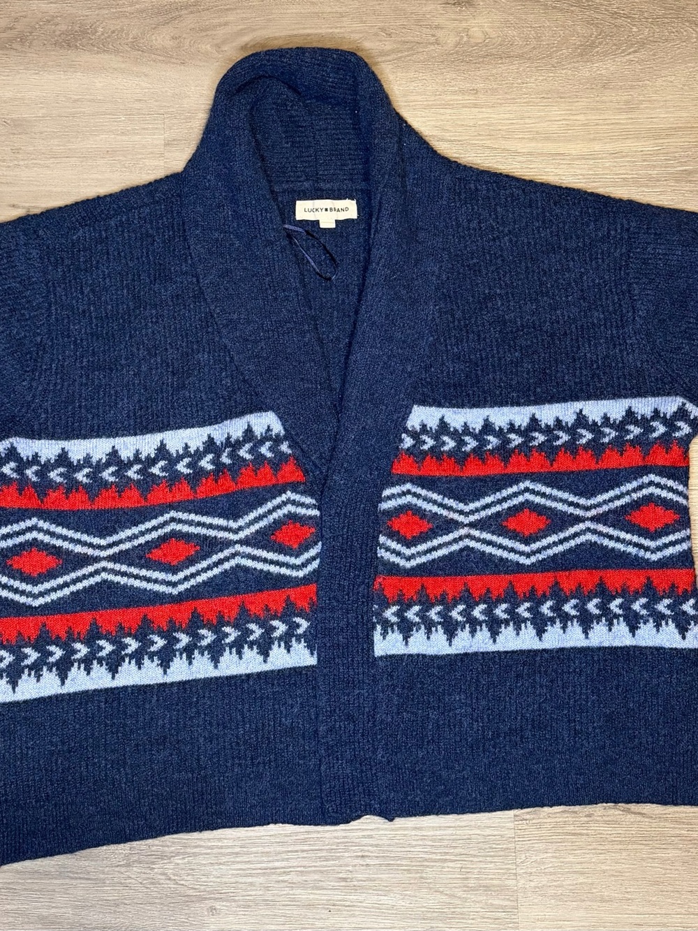 Lucky Brand Navy Blue Red and Light Blue Patterned Shawl Cardigan